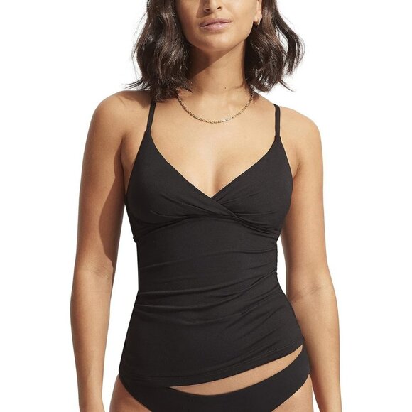 Seafolly Women's Standard Wrap Front Tankini Top Swimsuit, Eco Collective Black, - Picture 1 of 5